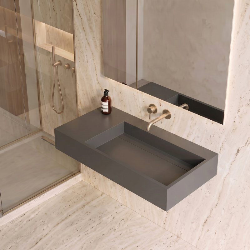Lavabo de salle de bain mural rectangulaire 36 po avec drain dissimulé Juniper - gris, sans trou de robinet, Gris, Aucun trou