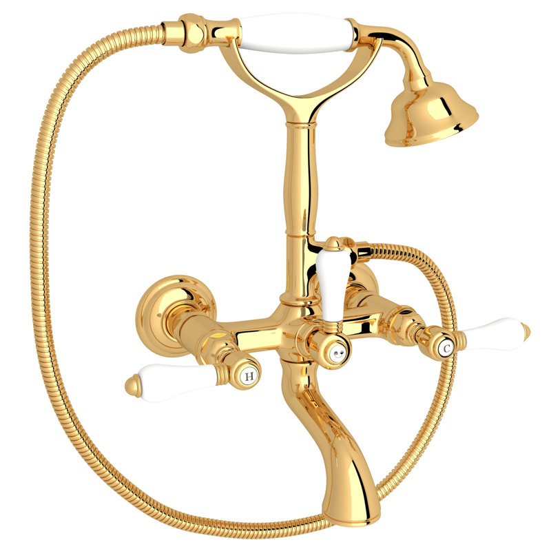 Country Exposed Wall Mount Tub Filler, Italian Brass, Porcelain Lever Handle