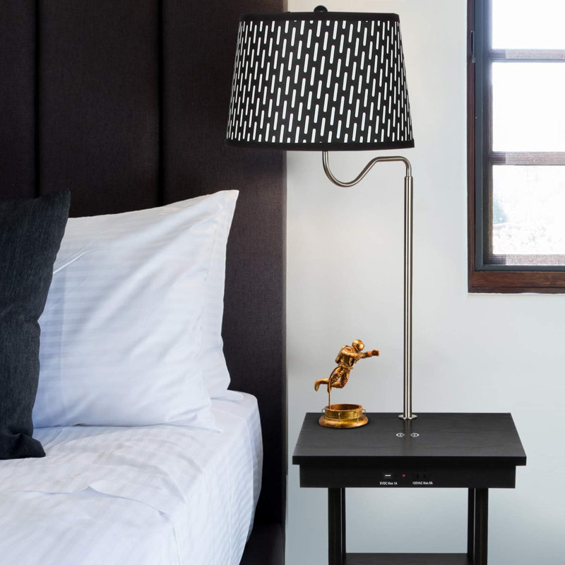 Madison 56 in. Modern LED Bedside Table Lamp with Fabric Drum Shade and Wireless Charging Pad - Bundle Set of 2, Black, Black