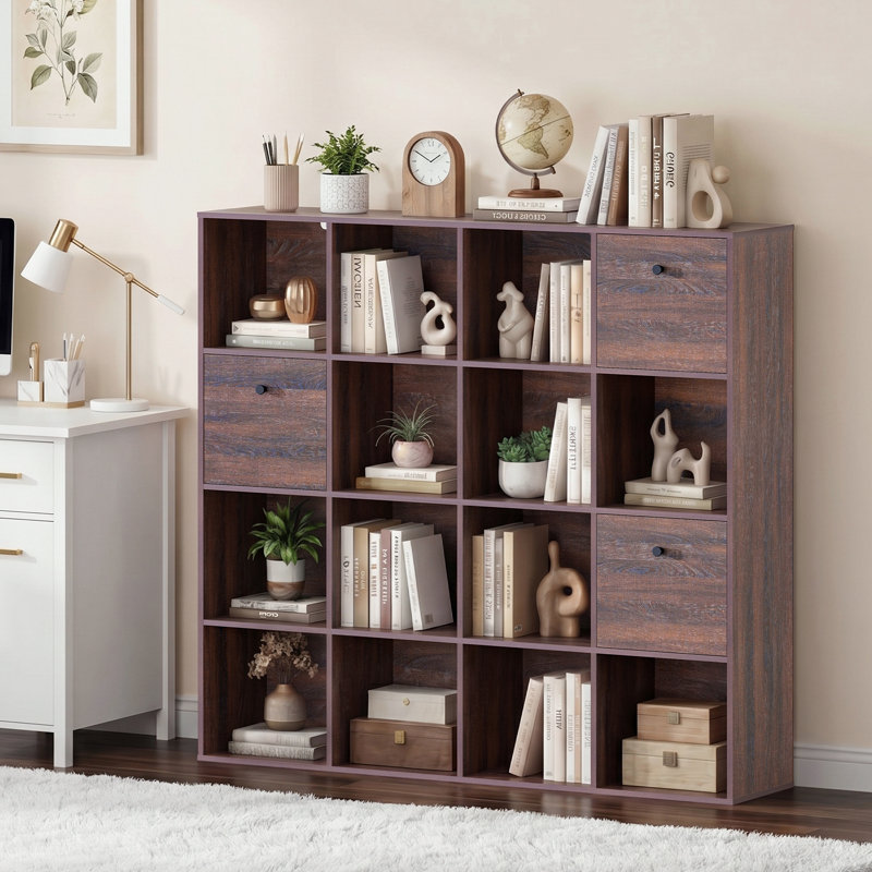 Organisateur de rangement modulaire 16 cubes avec tiroirs en tissu, bibliothèque en bois rustique noyer et paravent individuel