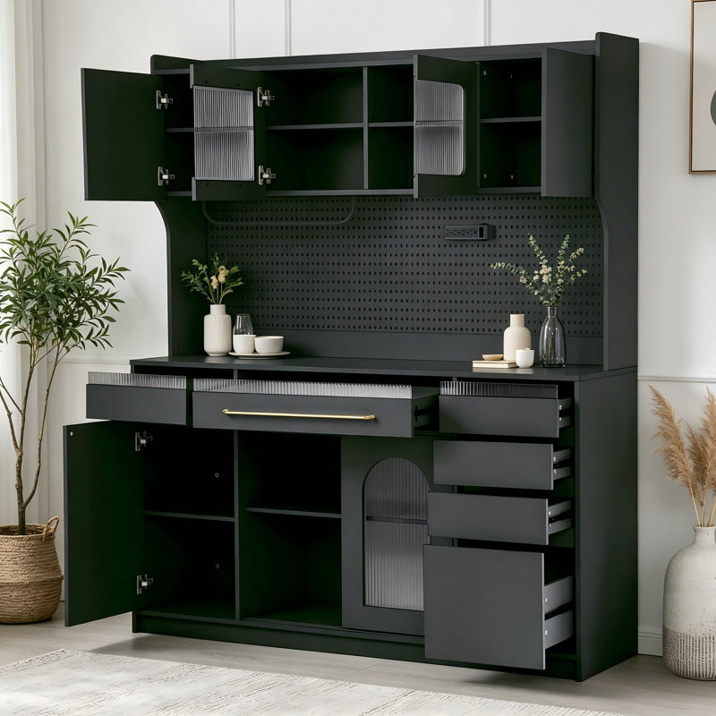 Black Light-Luxury 63-Inch Coffee Bar Cabinet — Featuring Multiple Drawers And Compartments, Built-In Power Outlets, Towel Rack, And Adjustable Shelves.