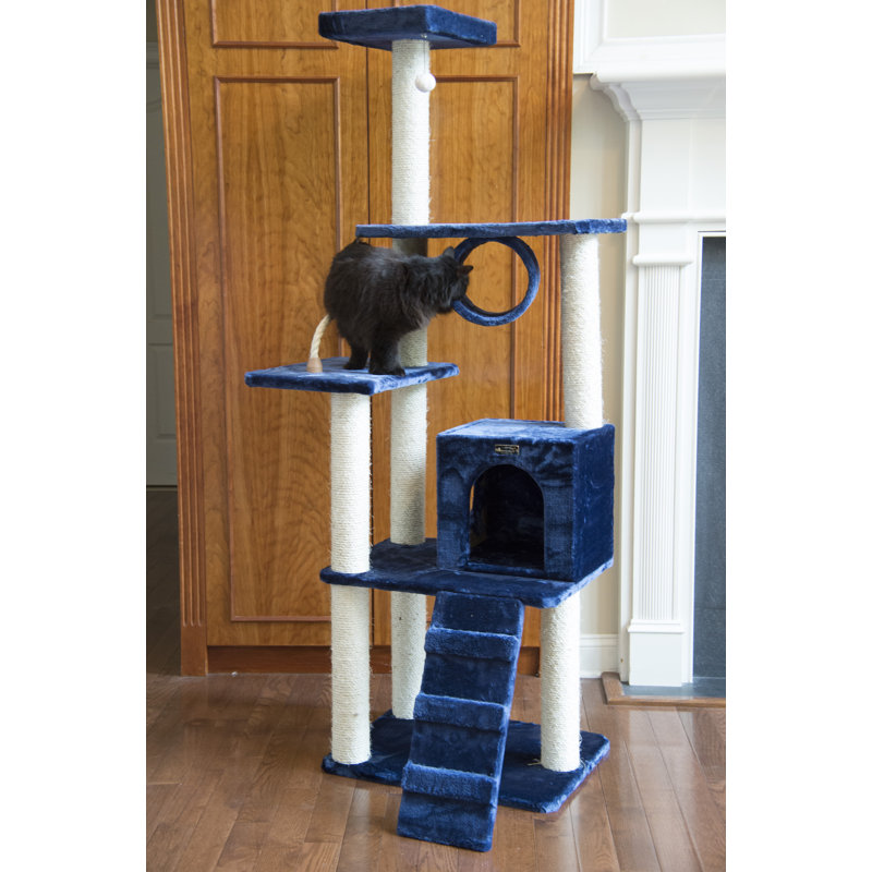 Navy Blue Sisal and Faux Fur Multi-Level Cat Tree Tower