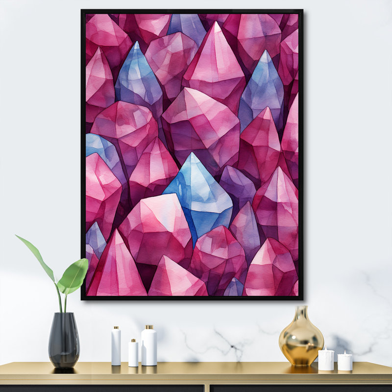 «Pink Gemstones Fusion III - Abstract Shapes», art mural, Black Picture Framed, 32" H x 16" W