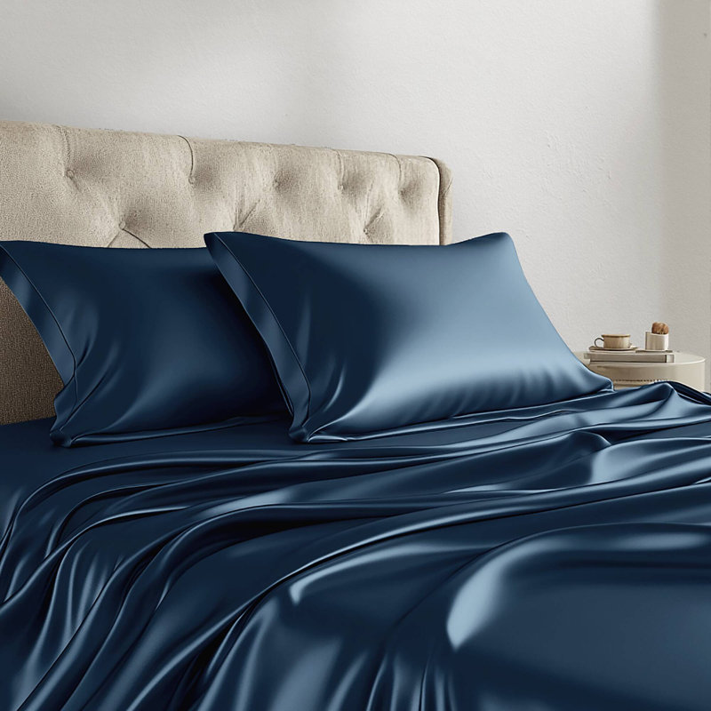 Satin Wrinkle Resistant Luxury Sheet Set, Full Sheet Set + 4 Standard Pillowcases, Midnight Blue