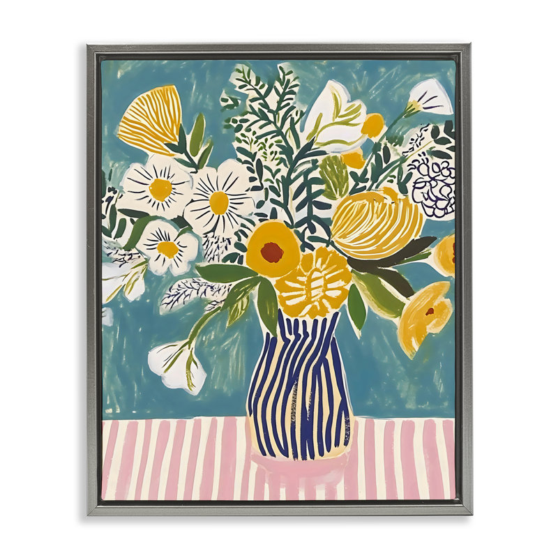 Bouquet sur cadre flottant à rayures, design by Creative Studio, H 31 po x l 25 po, Cadre flottant gris lustré