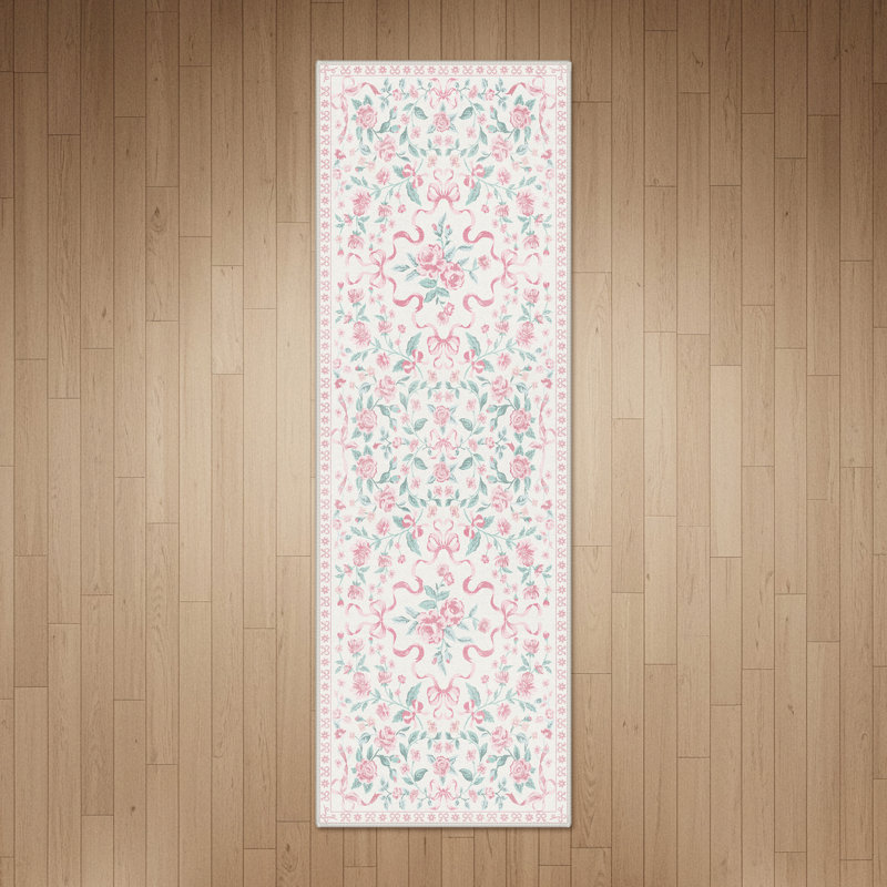 Atascadero Rosette & Bow Area Rug, French Country Floral Soft Kid Rug, Machine Washable, Inspired Faux Wool - High-Rebound Foam & Non-Slip Backing