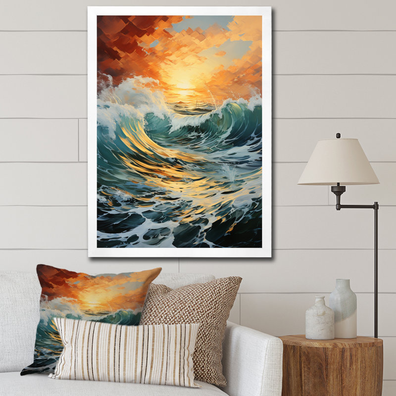 Tempête côtière orange - bleu sarcelle - imprimé, H 44 po x l 34 po x P 1,5 po, Cadre photo blanc