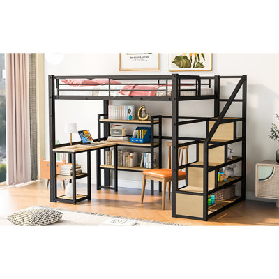 Lit mezzanine noir en métal pleine grandeur avec escalier et bureau / tablettes intégrés - beaucoup de rangement, style moderne, lattes sécurisées et bureau dans un cadre solide, sans sommier pour une chambre confortable