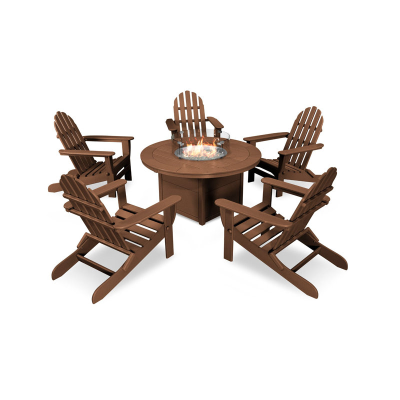 POLYWOOD Classic Folding Adirondack 6-Piece Conversation Set with Fire Pit Table, Teak
