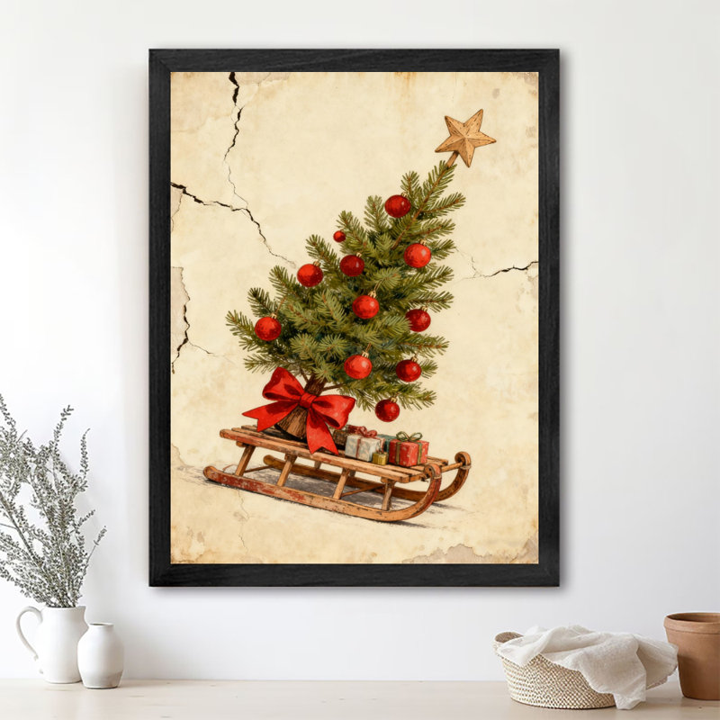 Reproduction d'art encadrée noire rétro «L'arbre de Noël sur le traîneau», H 17 po x l 13 po