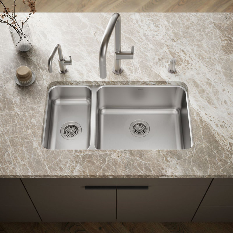 Undertone® 31-3/4" L x 18" W x 9-1/2" Under-Mount High/Low Double-Bowl Kitchen Sink