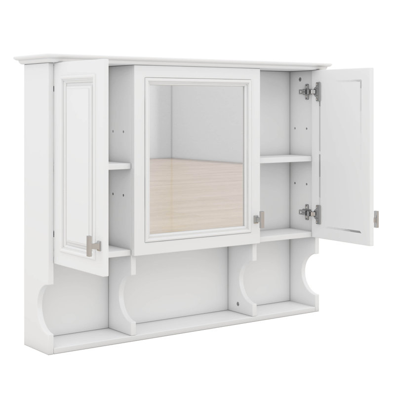 Armoire murale de salle de bain 35 po x 28 po avec miroir, armoire à pharmacie avec 3 portes et tablettes ouvertes, armoires de rangement au-dessus de la toilette