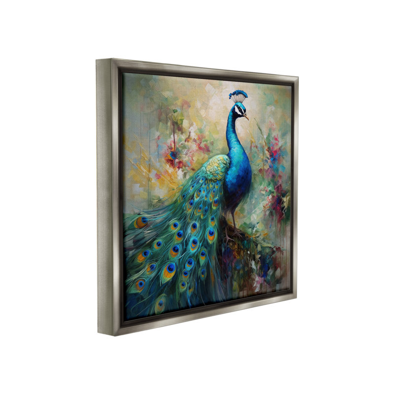 "Motif floral de paon" par Lazar Studio sur toile, H 18 po x l 18 po, Cadre flottant gris lustré