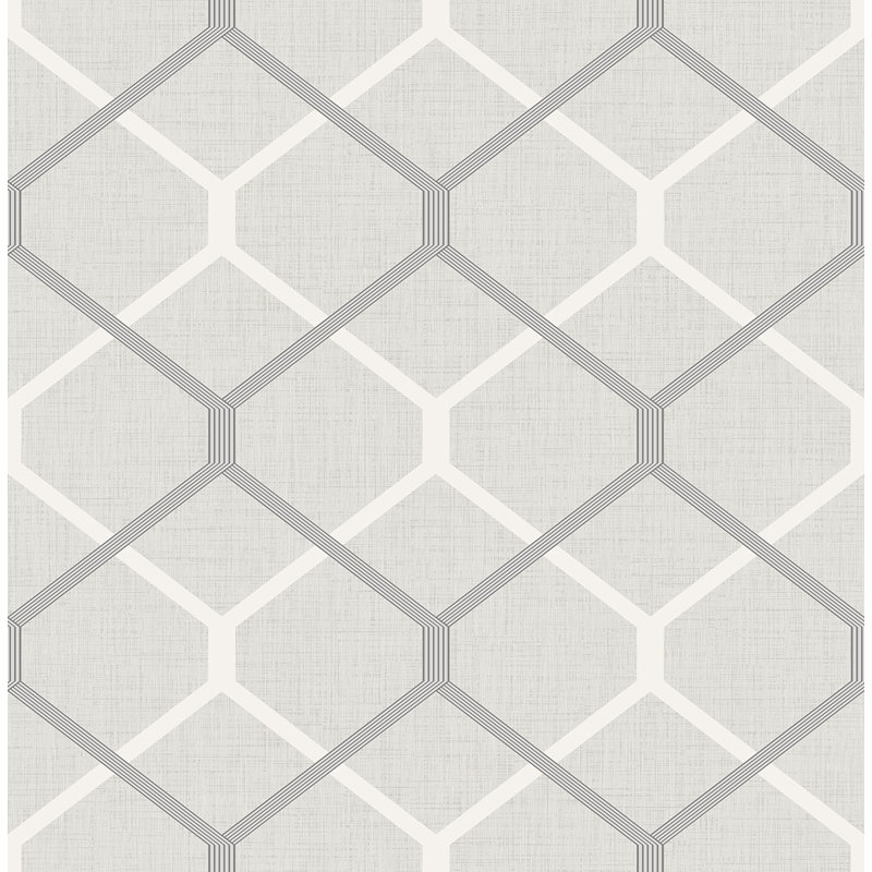 Seabrook Designs Milton Double Hexagon Unpasted Wallpaper, Fog/Metallic Ash