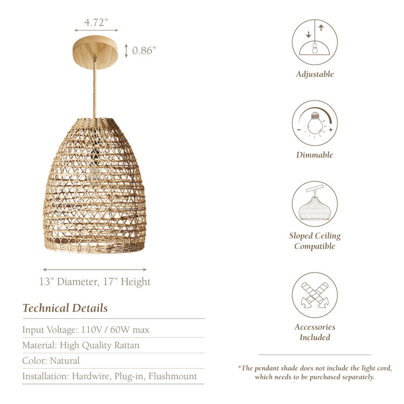 Antowain – 13" Natural Rattan Plug-In or Hardwired Pendant Light Fixture for Dining Room, Kitchen Island, Bedroom, or Living Room in Coastal, Boho, Farmhouse, or Japandi Decor Styles