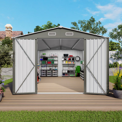 10X14 FT Outdoor Metal Storage Shed, Durable Garden Shed With Three Lockable Doors And Clear Window For Backyard, Patio, Garden, All-Weather Shelter For Bike, Gardening Tools, Lawn Mowers, Grey
