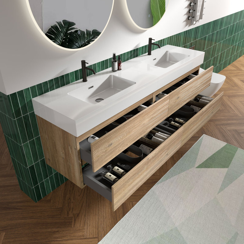Meuble-lavabo mural avec surface solide et 4 tiroirs à fermeture en douceur, 48", Chêne brut, Blanc