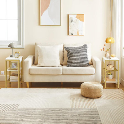 Ensemble de 2 tables d'appoint avec station de charge et port USB, petites tables de bout / tables de chevet à 3 niveaux avec tablette réglable pour le salon et la chambre à coucher, blanc et or