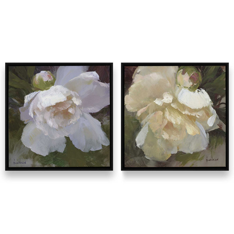 Ensemble de 2 toiles gracieuses avec pivoines blanches, Cadre flottant noir satiné, H 17 po x l 34 po x P 1,75 po