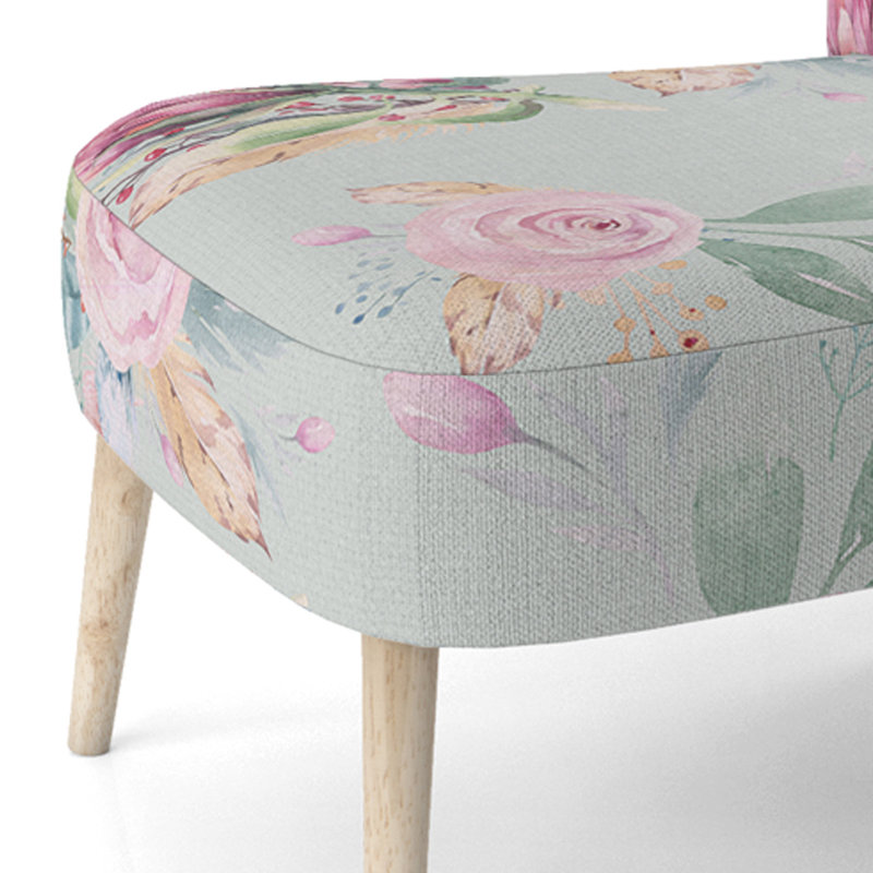 Accent Chair, Beige Floral Pattern Upholstered Decor - Beige Floral Pattern II, Light Green/Pink
