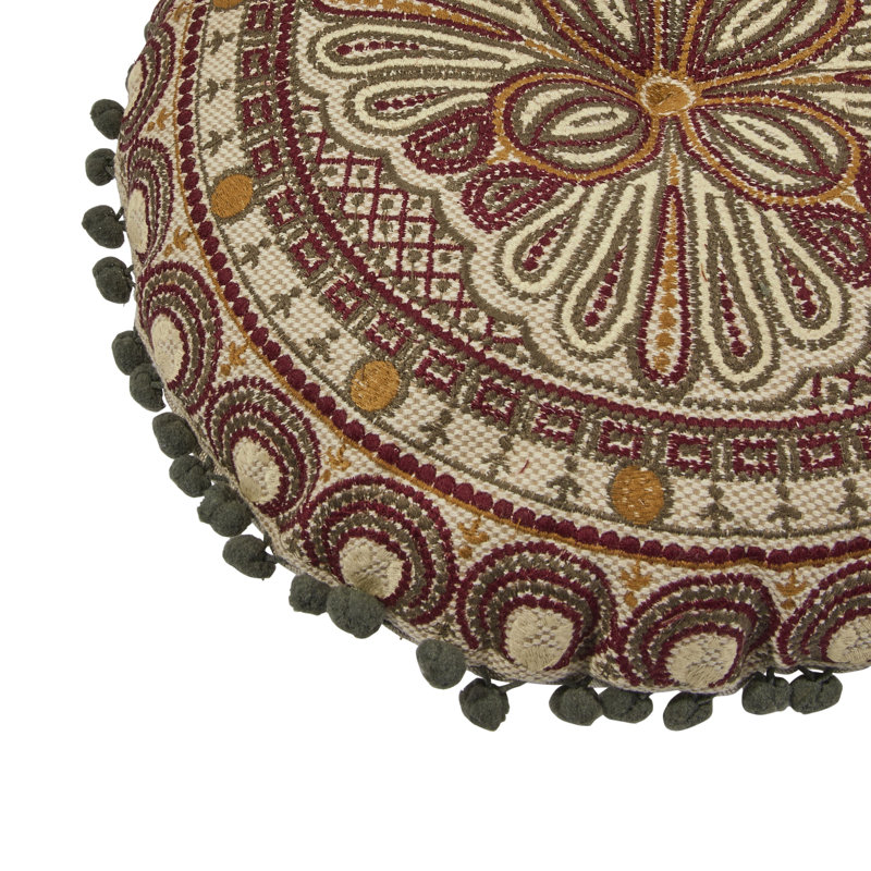 Round Embroidered Cotton Pillow with Pom Pom Trim