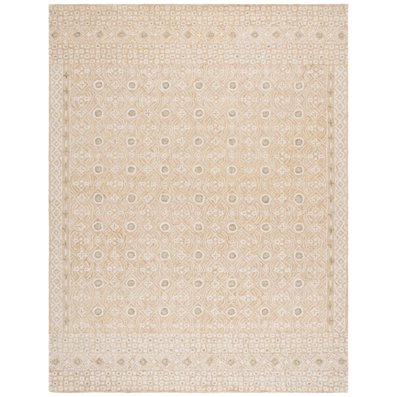 Melindasue Hand Tufted Wool/Cotton Geometric Rug in Gold/Ivory, Rectangle 8' x 10'