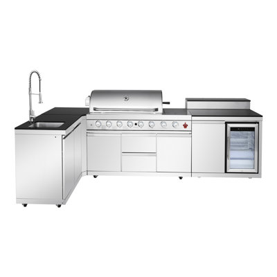 Barbecue pour îlot de cuisine en acier inoxydable à 6 brûleurs 99000 avec évier, rangement, réfrigérateur, armoire d'angle, arrière pour rôti juteux, plats latéraux, housses de protection contre les intempéries, fabrication 304