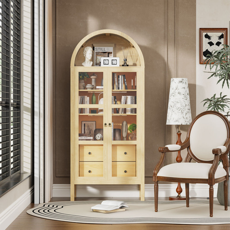 Modern Farmhouse Arched Cabinet With Glass Doors,72" Tall Auto Sensor Light Arch Storage Cabinet With Height Adjustable Shelf And 2 Drawers Display Bookshelf