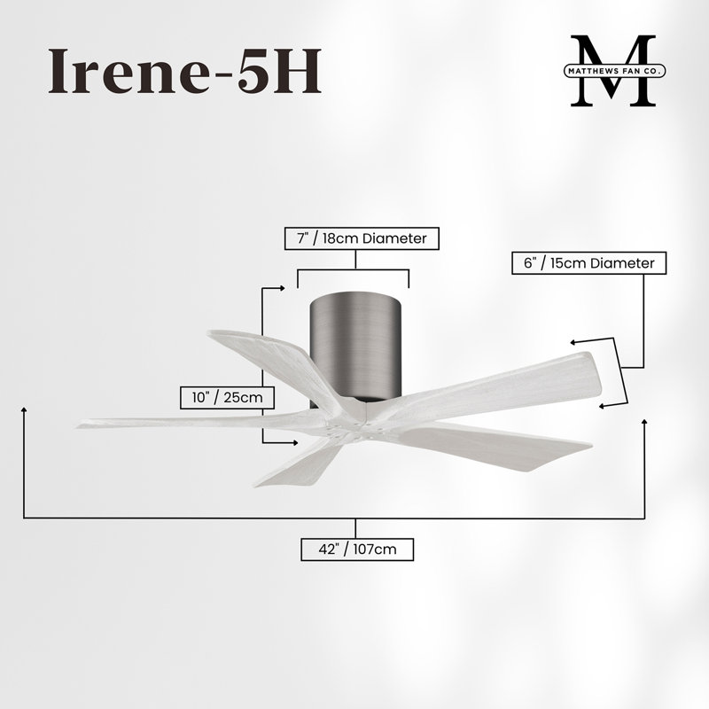 60" Irene 5-Blade Hugger Ceiling Fan with Wall Remote, 42", Brushed Pewter, Matte White