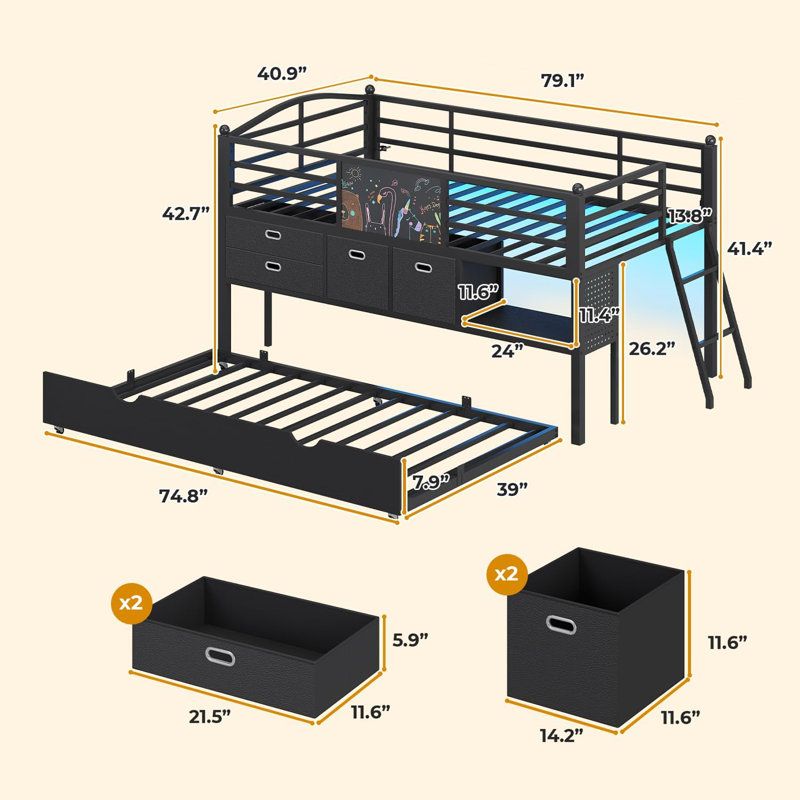 Low Loft Bed Twin Size With Trundle And Led Lights, Loft Bed With 4 Storage Drawers, Diy Pegboard, Black, Black