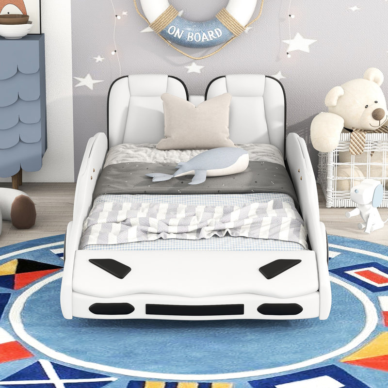Lit plateforme blanc en forme de voiture simple avec roues coulissantes et garde-corps - Option de structure de taille de chambre à coucher à protection fonctionnelle
