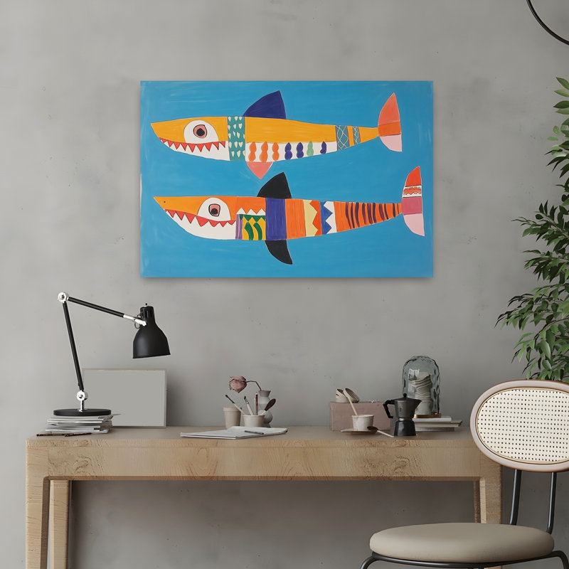 Impression d'art mural coloré coloré, joyeux requins, océan, 16" H x 24" W