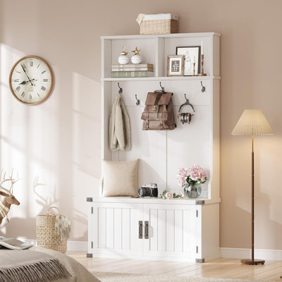 3‑In‑1 Entryway Hall Tree with Bench & Shoe Storage, Multifunctional Coat Rack Organizer for Mudroom, White