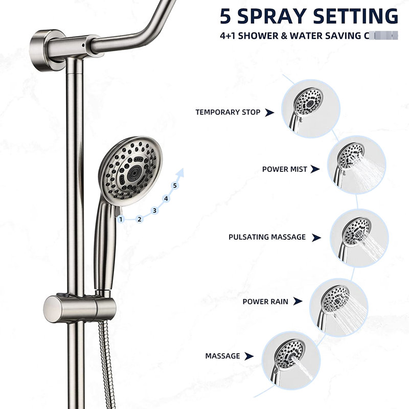 Douche de salle de bain avec 5 fixations portatives et murales, fixation et bras en nickel brossé, rouille