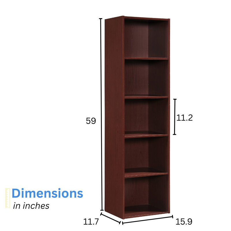 Bibliothèque haute avec rangement ouvert pour la maison ou le bureau, (5 tablettes) H 59 po x l 15,9 po x P 11,7 po, Acajou
