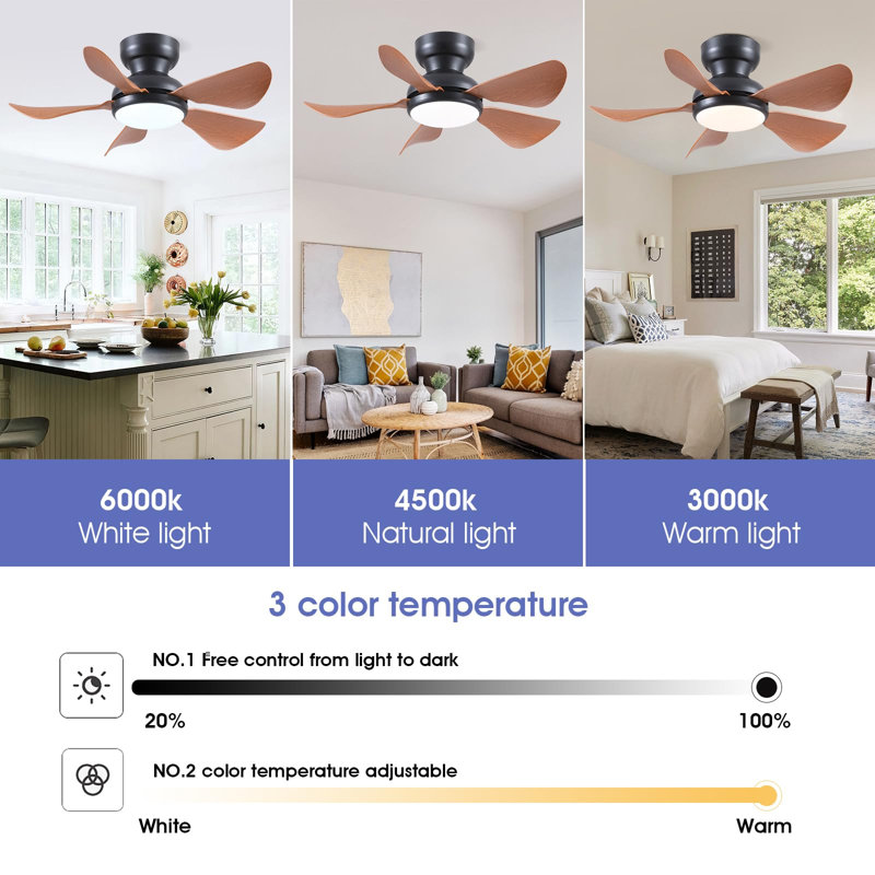 Ventilateur de plafond encastré avec lumière et télécommande / app, 32" Wide, Brown
