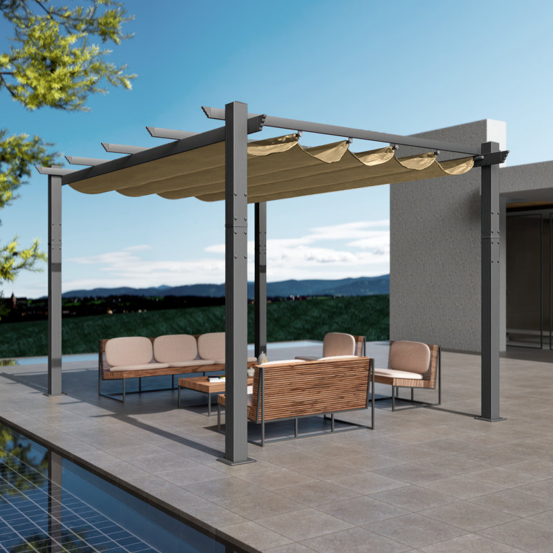 Atlantics Outdoor Retractable Pergola with Sun Shade Canopy 10' x 13', Tan