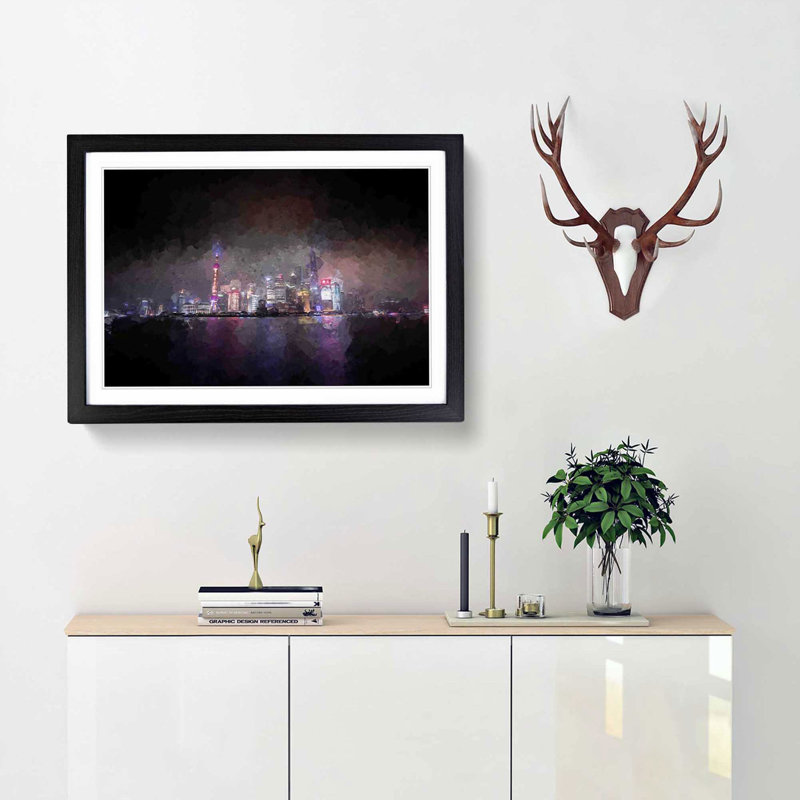 Shanghai China Skyline at Dusk in Abstract - Picture Frame Graphic Art Print, 50cm H x 76cm W x 2cm D, Black