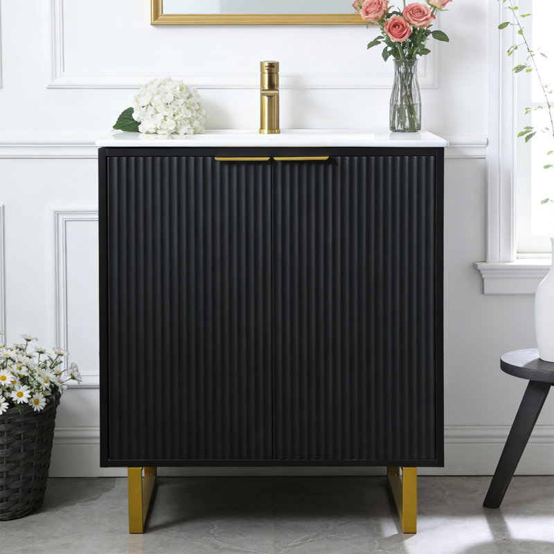 30" Modern Black Free-standing  Single Bathroom Vanity Set(with Ceramic Sink)