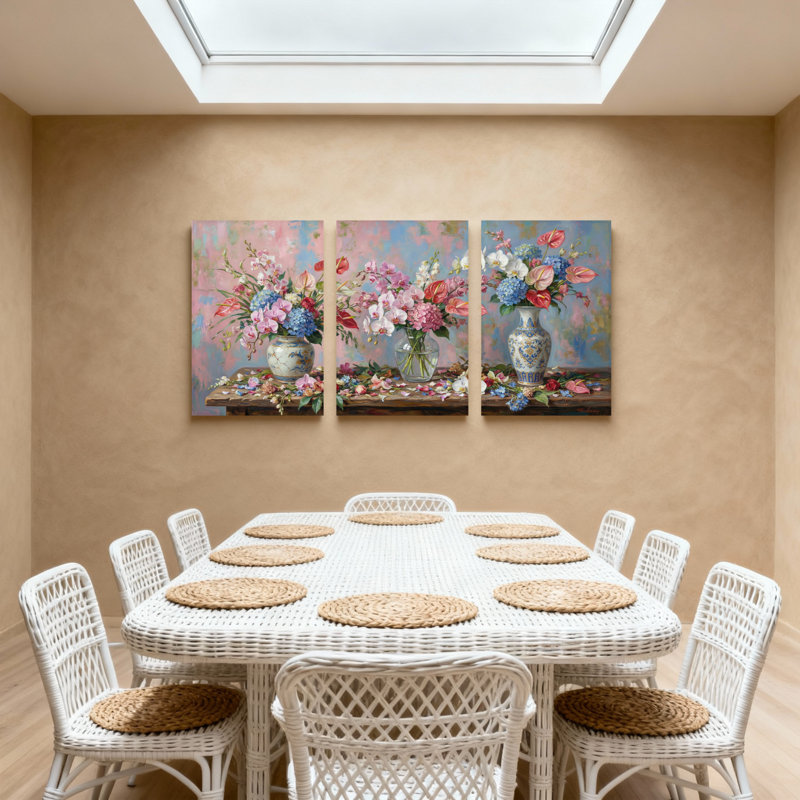 Plantes et fleurs, arrangement floral dans des vases sur table, ensemble de 3 impressions sur toile, H 30 po x l 60 po