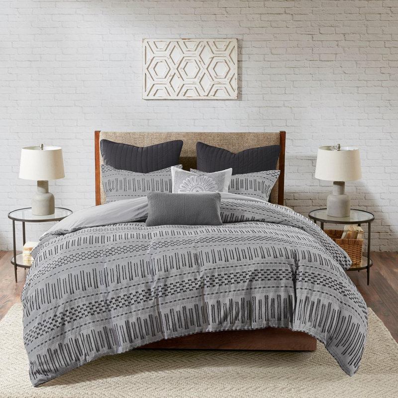 Ensemble d'édredon en coton jacquard 3 pièces, Gris / Noir, Édredon très grand et 2 taies décoratives stand