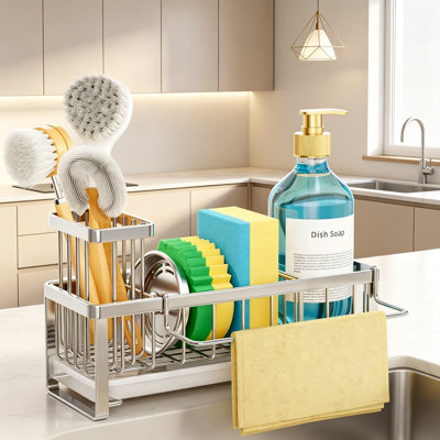 Kitchen Sink Organizer with Removable Towel Bar, Self-Draining Sponge Caddy with Divider and Brush Holder, Stainless Steel Countertop Storage for Sponges and Dish Soap