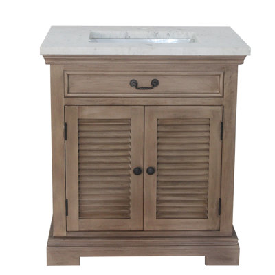 Meuble-lavabo simple de 30 po à deux portes avec finition en bois naturel et plateau en marbre blanc