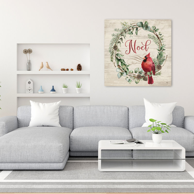 Noel, cardinal, couronne, art contemporain, verdure, H 36 po x l 36 po