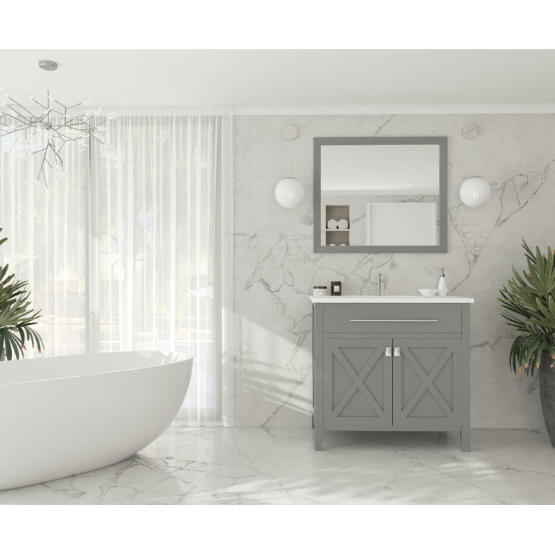 Pyles 36'' Single Bathroom Vanity with Solid Surface Top, Gray, Matte White