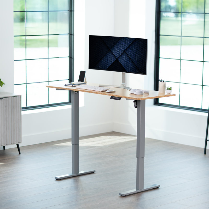 VIVO Single Motor Electric Desk with Push Button Memory Controller, 48.5" H x 60" W x 24" D, Bamboo/Gray