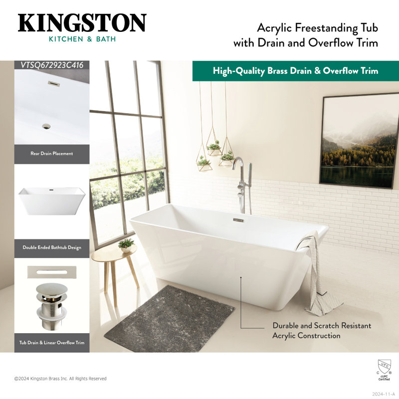 Kingston Brass Aqua Eden 67-Inch Acrylic Rectangular Double Ended Freestanding Tub With Drain, Polished Nickel