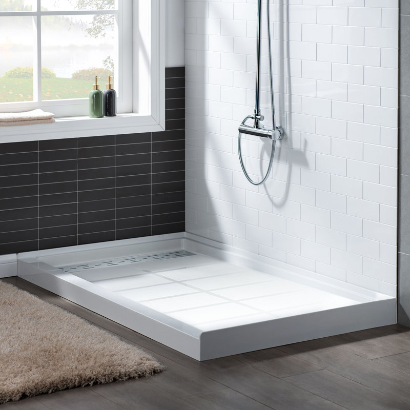 60" W x 34" D Solid Surface Single Threshold Shower Pan Base with Drain Assembly & Drain Cover Included, Non-Slip, Left