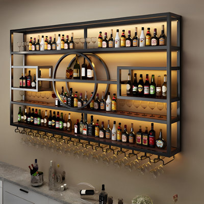 Multi-tier industrial style wall-mounted wine bottle and glass holder(Without LED light) by Orren Ellis