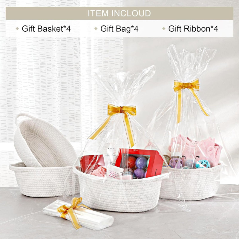 Woven Basket With Gift Bags And Ribbons, Empty Decorative Gift Chest Box, Cute Baby Gift Basket For Nursery, Cotton Rope Room Shelf Storage Basket With Handles